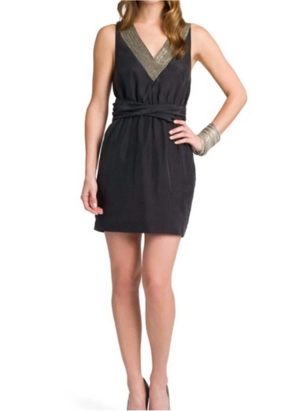 Theory Gray Richiae 100% Silk Bubble Hem Beaded Racerback Cocktail Dress Size 12